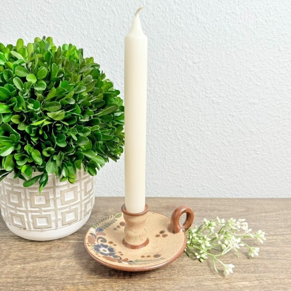 Vintage Mexican Pottery Candle Holder Folk Art Floral Stoneware Chamberstick